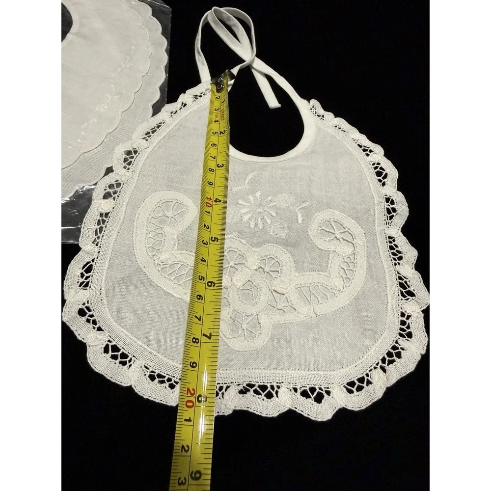 Lot of 3 New VTG White Floral Embroidery‎ Drawstring Doll Bibs